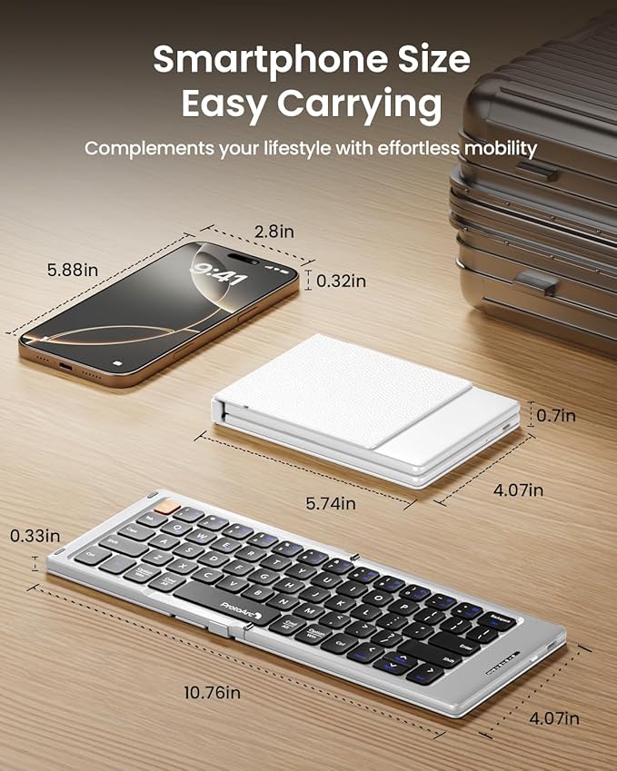 ProtoArc Foldable Compact Keyboard, XK04 Portable Bluetooth Keyboard with PU Leather Cover, Pocket-Sized Wireless Travel Keyboards for iPad, iPhone, Smartphone, Tablet and Laptop - White Silver