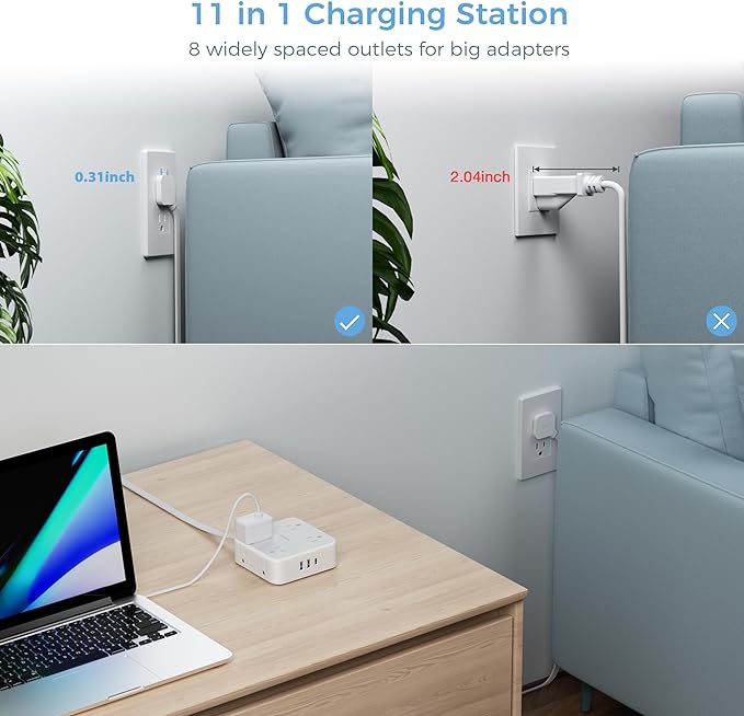 TESSAN Surge Protector Power Strip 15 Ft Cord, 8 Widely Spaced Outlets, 3 USB Charger(1 USB C Port), Ultra Thin Flat Plug Extension Cord 15 Feet, 900J Surge Protection for Home, Dorm Room Essentials