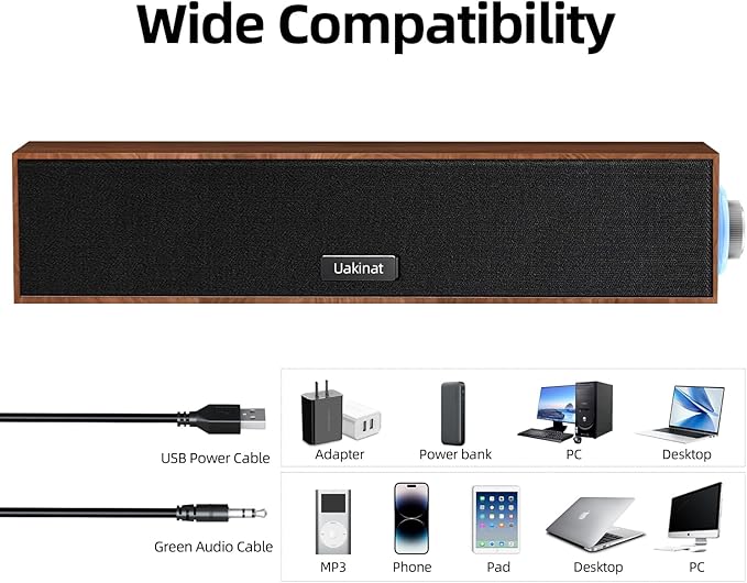 Computer Speakers,Wooden Multimedia Digital Speaker,USB Powered 3.5mm AUX PC Speakers,Surround Sound Portable Computer Sound Bar Speaker for Desktop Laptop (Brown)