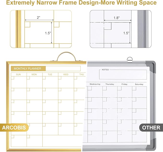 ARCOBIS Monthly Calendar Whiteboard - 12" x 16" Double-Sided Magnetic Dry Erase Board with Gold Frame - Portable Wall Hanging Planner for Home, Office, School