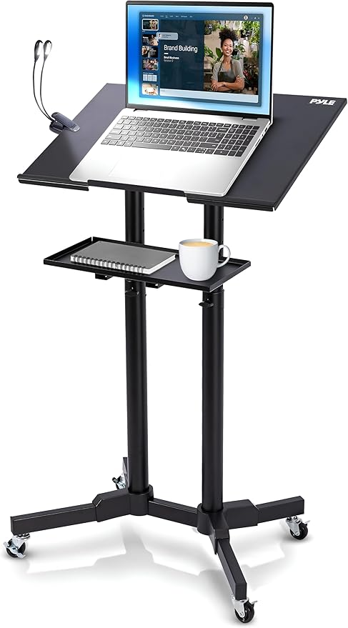 Pyle Lectern Podium Stand | Adjustable Height Top Shelf, Bottom Shelf w/Smooth Rubber Wheels & Metal Brakes | Mobile Standing Desk w/LED Light for Classrooms & Presentations | Portable Rolling Table