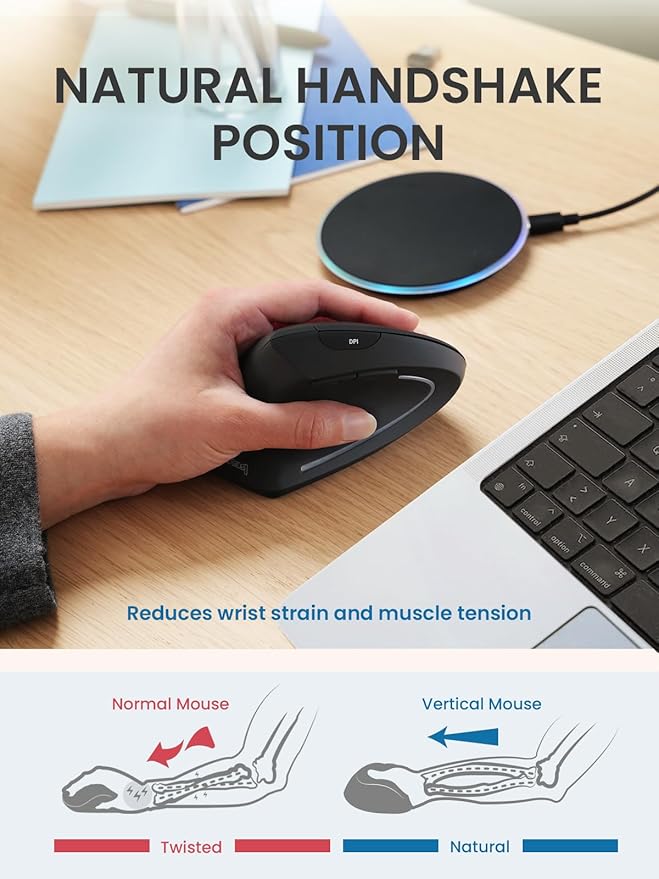 Perixx PERIMICE-713LR - Left Handed Cordless Rechargeable Vertical Mouse - Duo Wired and Wireless Charging Feature - 6 Buttons Design - Left Handed