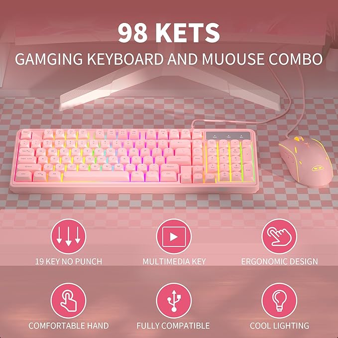 Camiysn Wire Gaming Keyboard, 7 Colorful Rainbow Backlight Classic Gaming Keyboard (Pink-Set)