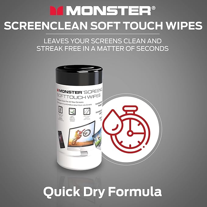 Monster Screen Cleaner Kit, 60 mL, Microfiber Cloth, White/Black/Red, Water Resistant, for TVs, Laptops, Tablets, Smartphones, Car Touch Screens, Eyeglasses