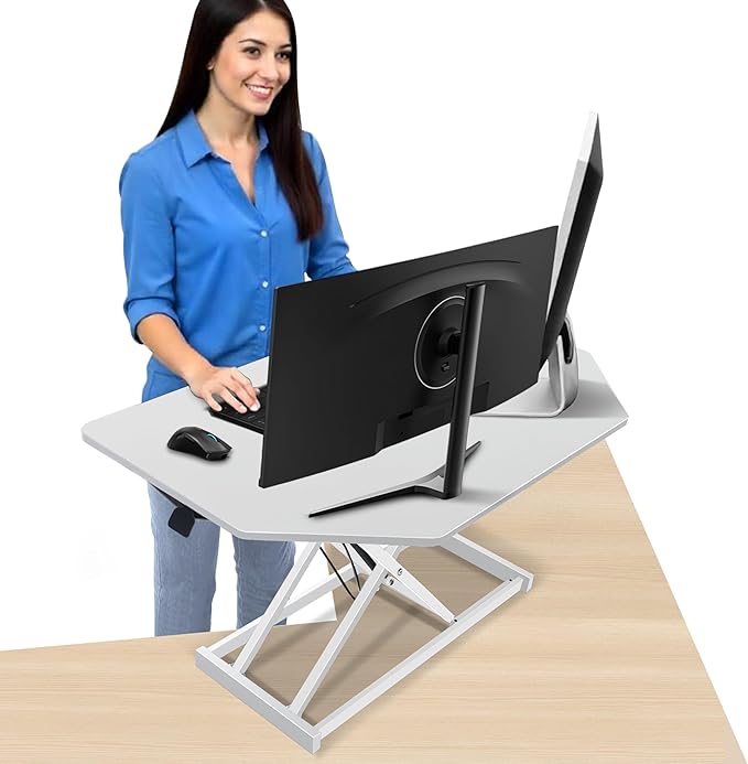 Aconcept 32 inch White Corner Height Adjustable Standing Desk Converter, One-Click Sit to Stand up Desk Riser, Pre-Assembled Dual Monitor and Laptop Workstation