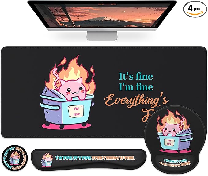 HAOCOO Mouse Pad with Wrist Rest, Dumpster Fire Funny Office Desk Accessories, XXL Desk Mat Set Office Decor, Keyboard Wrist Rest, Ergonomic Mouse Pad(Black)