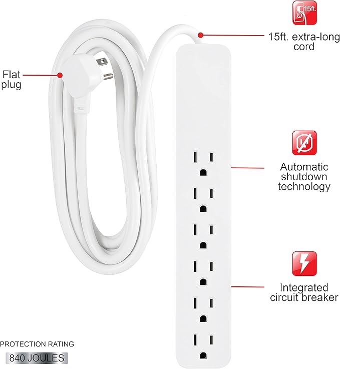 GE 6-Outlet Surge Protector, 15 Ft Extension Cord, Power Strip, 840 Joules, Flat Plug, UL Listed, White, 62936