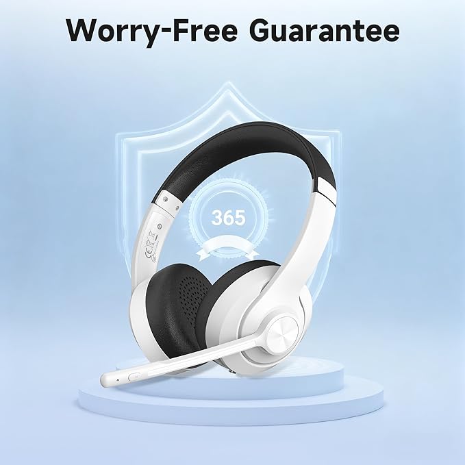 AOC Wireless Headset with Mic for Work with Noise Cancelling Mic for Clear Calls, 30H Playtime PC Bluetooth Headphones and Multipoint Connect to Laptop Computer and Mobile, Wired or USB Dongle- White