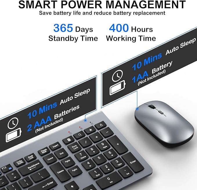 Wireless Keyboard and Mouse Combo - Ultra-Slim Design Full Size Quiet Keyboard with 3 DPI Adjustable Wireless Mouse,Sleep Mode,2.4G Cordless Thin Keyboard Mouse Set for Windows,Mac,Laptop