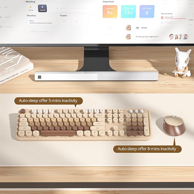 Coffee Brown Keyboard and Mouse Combo Wireless, 2.4G Full Size 104-Key Retro Typewriter Keyboards Round Keys for Students Teenagers Home Office PC Laptop(Coffee)