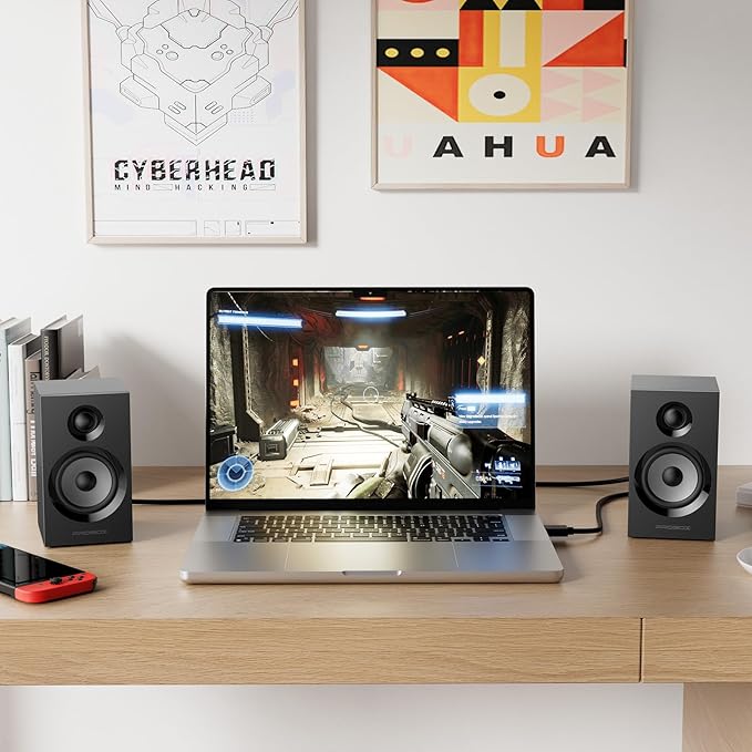 Powered Bookshelf Speakers HiFi Computer Gaming Monitors with Bluetooth 5.3 & 24-Bit USB DAC Stereo Speaker PC Speakers 3.5" Woofer,1" Silk Dome Tweeter, Adjustable Bass/Treble BT16-Black