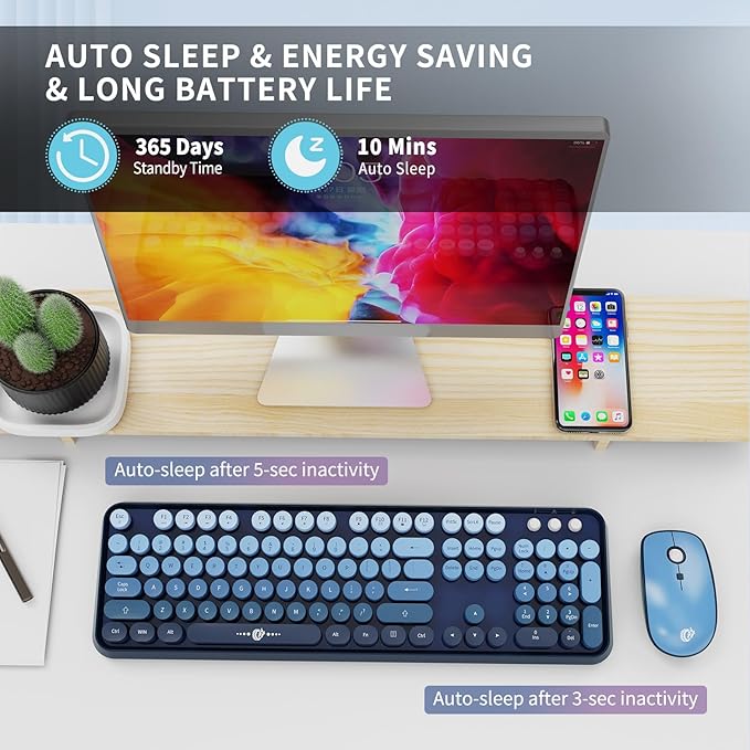 Wireless Keyboard and Mouse Combo,Retro Typewriter Style Gradient Blue Keyboard with Cute Bubble Round Keycaps,2.4GHz Full Size Clicky Creamy Keyboard & 3 DPI Mouse for PC Laptop Desktop-Navy Blue
