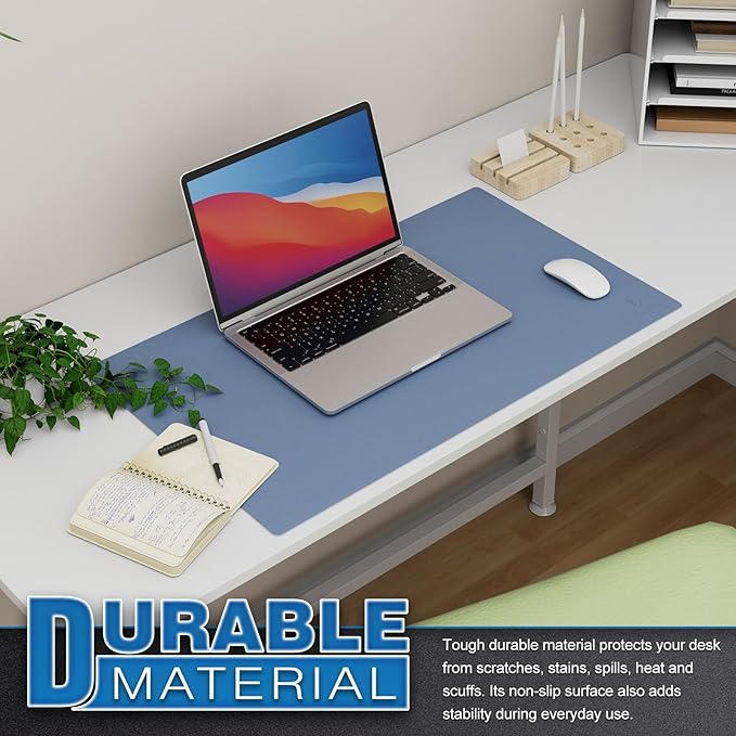 K KNODEL Small Office Leather Desk Mat, Mouse and Keyboard Pad, Computer and Laptop Mat, Desktop Protector and Cover, Writing Pad and Blotter (23.6"x13.8", Lake Blue)