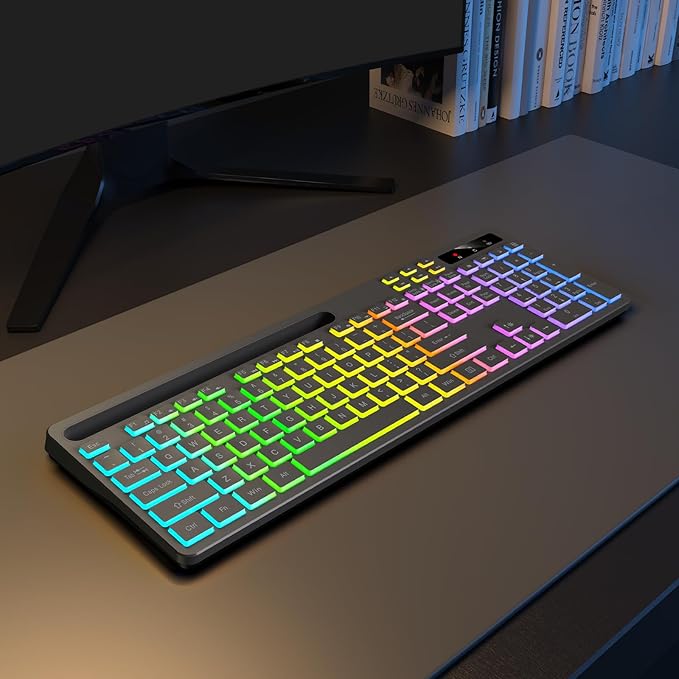 Wireless Keyboard with 7-Color RGB Backlit, Full-Size Computer Keyboard with Phone Tablet Holder, 2.4G Rechargeable Gaming Keyboard with Light Up Keys, Compatible with Mac, Windows (Grey)