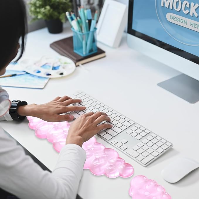 Gel Cloud Wrist Rest Keyboard, Cute Wrist Rest for Computer Keyboard, Ergonomic Keyboard Wrist Rest and Soft Mouse Wrist Rest for Typing Pain Relief, Suitable for Office, Home, Computer, Gaming, Pink