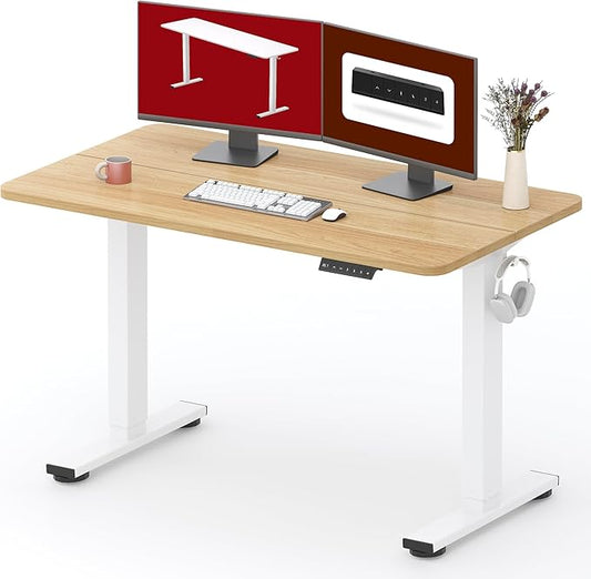 SANODESK Height Adjustable Electric Standing Desk 48x24 Inches, Sit Stand Desk with Splice Board for Home Office, Ergonomic Computer Workstation, Study & Gaming, White Frame/Maple Top