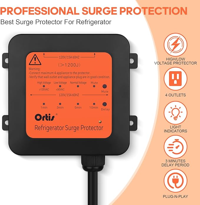 Ortis 4-Outlet Refrigerator Surge Protector, 1200J, Delay Start, Quick Reset, Audible Alarm & LED Indicators, Prevents Voltage Spikes, Surges & Power Outages, 1.3ft Cord, for 27+ cu. ft. Fridges