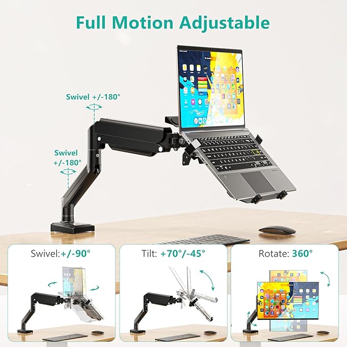 WALI Single Arm Laptop and Monitor Desk Mount for 17" Notebook and Single Screen, 2-in-1 Adjustable Gas Spring Monitor Arm with Laptop Tray, VESA 75x75 100x100,Holds 22-26.4 lbs, Black (GSMP001NLP)