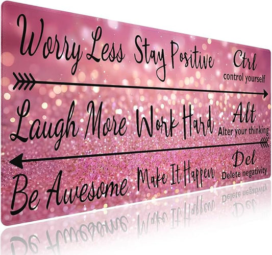 Extra Large Gaming & Office Mouse Pad (31.5" x 11.8") – Inspirational Quote Stay Positive Work Hard & Pink Glitter Design, Premium Anti-Slip XXL Desk Mat with Durable Stitched Edges