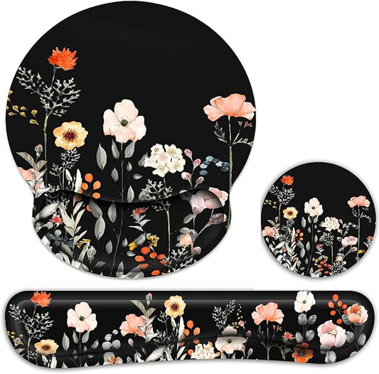 Ergonomic Mouse Pad with Wrist Rest and Keyboard Wrist Rest, Wrist Rest for Computer Keyboard, Easy Typing, Pain Relief, Black Mouse Pad with Wrist Support for Gaming,Office, Laptop, Garden Flowers