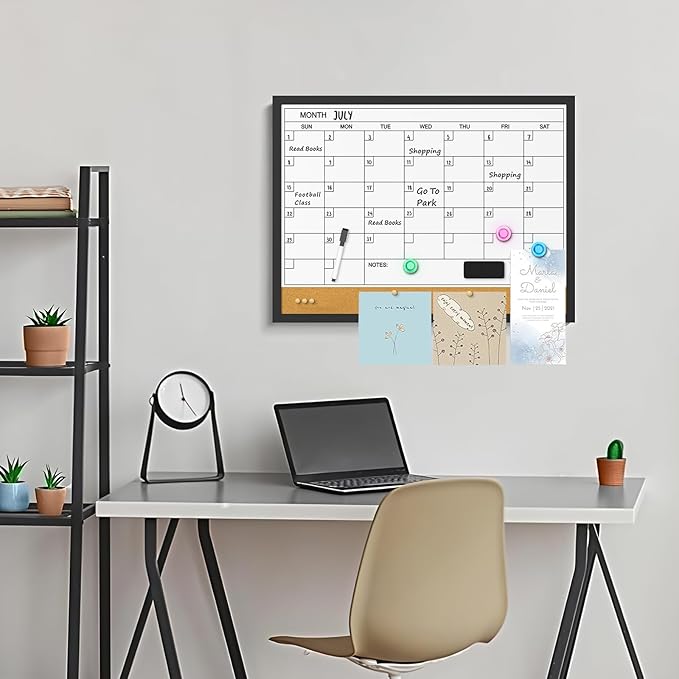 Dry Erase Calendar Cork Board Combo, 18 x 24 Inches Monthly Calendar Whiteboard for Wall, Magnetic White Board with Wood Framed, Hanging Dry Erase Board for Kitchen Home Office School Planner