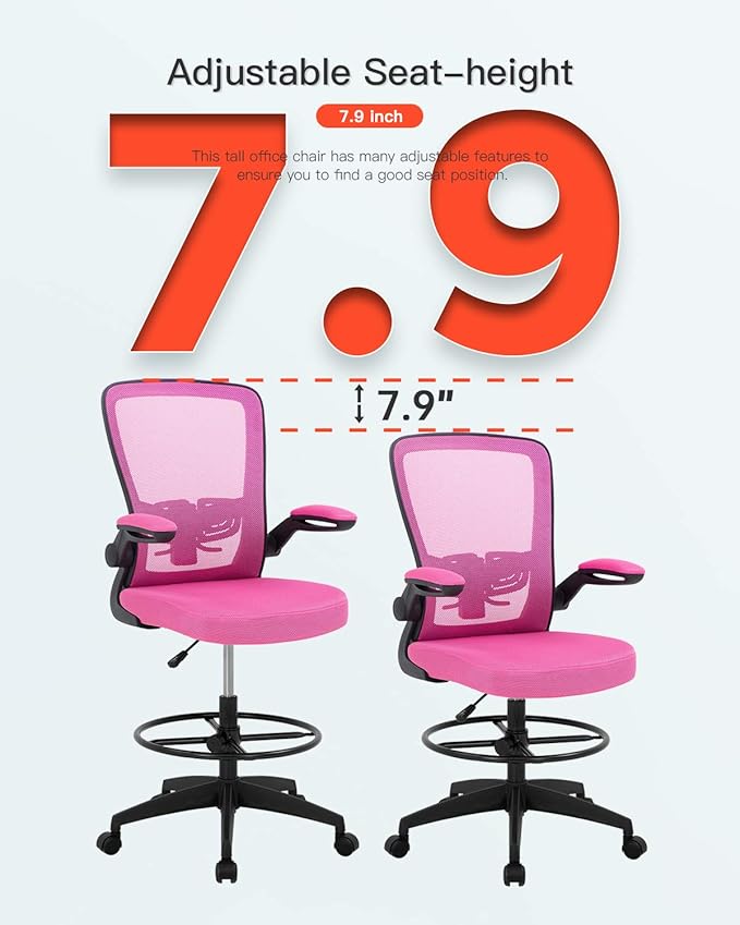 BestOffice Drafting Chair Tall Office Chair Adjustable Height with Lumbar Support Arms Footrest Mid Back Standing Desk Chair with Swivel Rolling Mesh Stool Pink