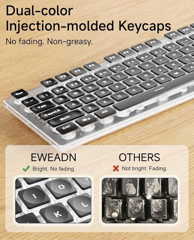 EWEADN GX710S Backlit Computer Keyboards, Wired USB Keyboard with White Backlit, Metal Panel, Plug and Play, Pudding Keycaps Full Size Quite Computer Keyboard for Win/PC/Laptop-Black