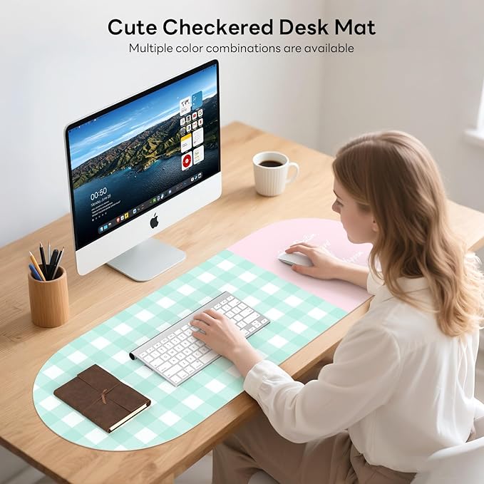Checkered Pattern Desk Pad Protector, 35.5 x 13'' Aesthetic Mouse Mat for Desktop, Waterproof PU Leathe Non-Slip Desk Writing Pad for Office and Home, Blue-Green Pink