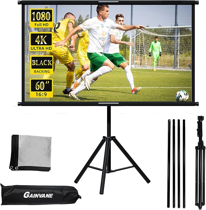 60" Projector Screen Tripod Stand,Projection Screen with Black Backing,16:9 HD Premium Wrinkle-Free Tripod Stand Movie Screen for Movie Night Home Theater Business Presentation with Storage Bag