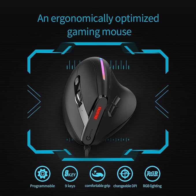 zelotes Wired Vertical Gaming Mouse,Ergonomic Design USB LED Optical Mouse with 9 Buttons and 4 Adjustable Sensitivity 1000/1600/2400/3200/4800/12800 DPI for Computer,Black… (T50Wired)