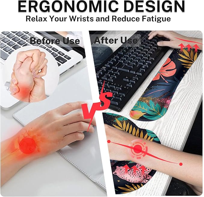 Arttown Leopard Tropical Pink Desk Mat Leaves Mouse Pad Set 4 in 1 Ergonomic Design Large Mouse Pad + Keyboard Wrist Rest + Mouse Wrist Rest + Coaster Suitable for Home Office Study Game
