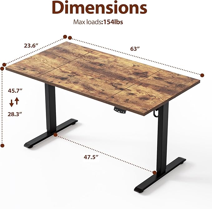 Agilestic Electric Standing Desk, 63 x 24 Inches Height Adjustable Desk, Sit Stand up Desk for Work Office Home, Splice Board, Vintage Brown