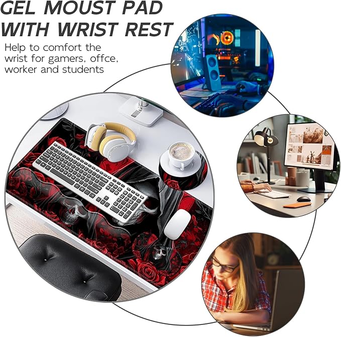 Gaming Mouse Pad Set, Red Rose Skull Large Desk Mat Mousepad, Keyboard Wrist Support, Mouse Wrist Rest, Coaster 4in1 Ergonomic Memory Foam, Non-Slip Stitched Edge for Home Office
