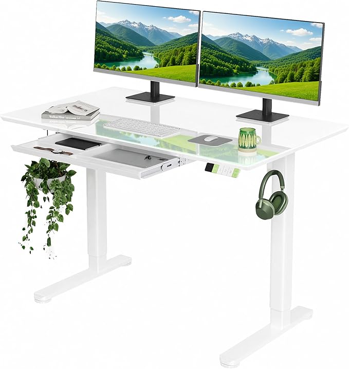 INNOVAR INNVAR Glass Standing Desk with Drawers, 48×24 Inch Adjustable Stand Up Desk Quick Install Home Office Computer Desk, Super White