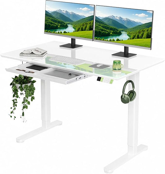 INNOVAR INNVAR Glass Standing Desk with Drawers, 48×24 Inch Adjustable Stand Up Desk Quick Install Home Office Computer Desk, Super White