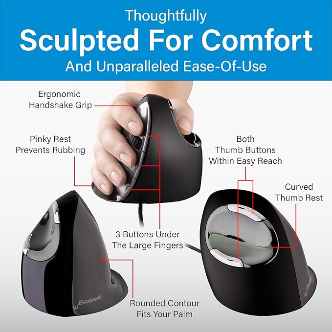 Evoluent – Inventor of The Vertical Mouse – VMDS Ergonomic Vertical Mouse Right Hand Small Wired USB, Sculpted for Comfort, Reduces Wrist Strain, 4 Speeds, 6 Customizable Buttons in Windows