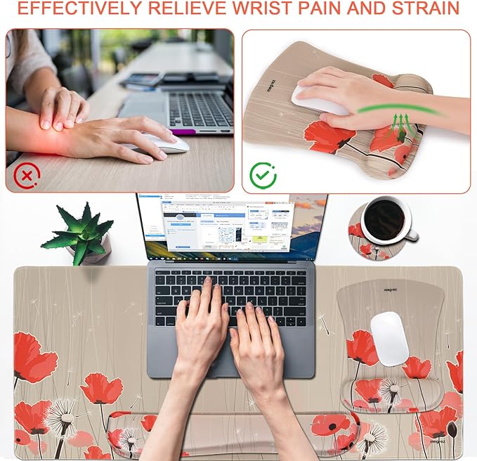 MEGREZ 4-in-1 Ergonomic Memory Foam Wrist Rest Set, Desk Pad, Mouse Pad with Wrist Rest, Keyboard Pad, Suitable for Office Workers, Programmers & Gamers–Relieve Typing & Gaming Fatigue, Light Brown