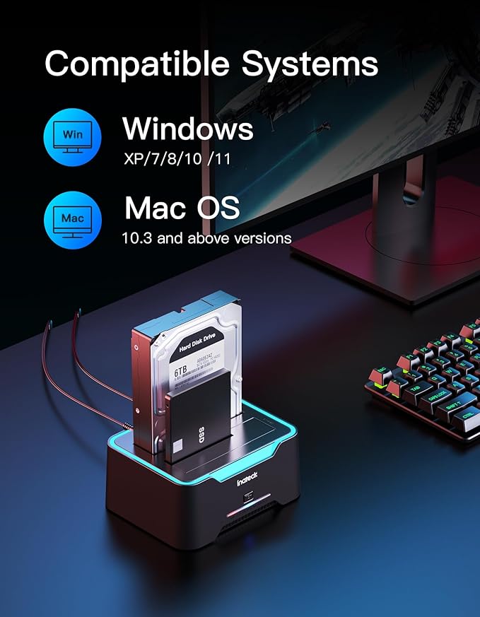 Inateck RGB SATA to USB 3.0 Hard Drive Docking Station with Offline Clone, for 2.5 and 3.5 Inch SATA HDD and SSD, Supports UASP, SA02004 Black