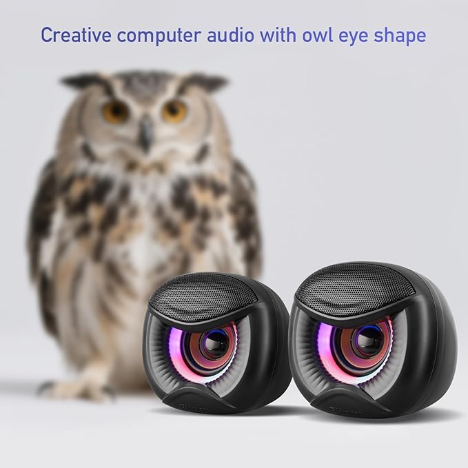 USB Computer Speakers, 3.5mm Aux Speaker and USB Powered Interface are Suitable for Desktop Laptop Monitor, Owl Eye Design, Includes a USB-C Adapter, Colorful Lights