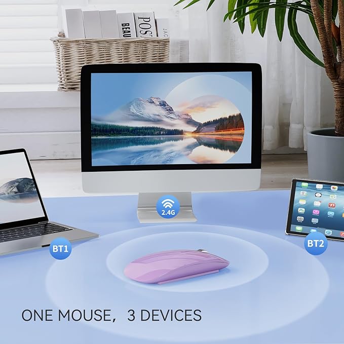 TENMOS M18 Bluetooth Mouse, USB C Rechargeable Wireless Mouse, Triple Mode (Dual Bluetooth+USB) Computer Silent Mice Portable with USB Receiver and Type C Adapter for Laptop/MacBook/iPad/PC - Purple