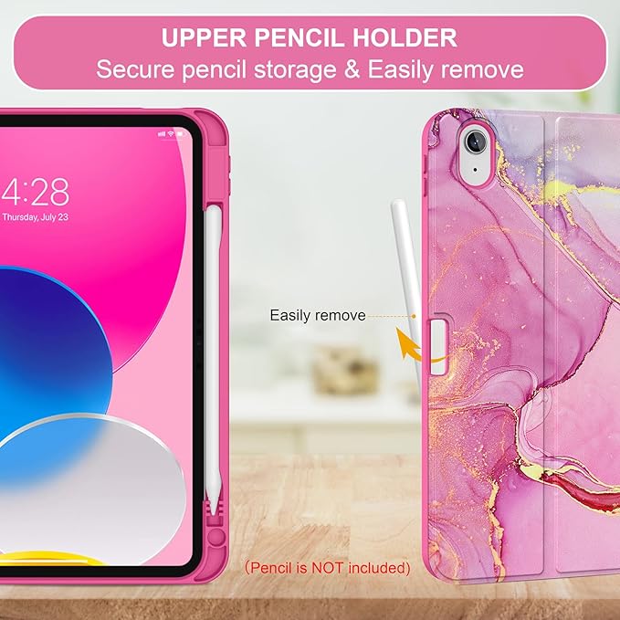 Soke for iPad (A16) 11th/10th Generation Case with Keyboard(2025/2022)-7 Color Backlight Wireless Detachable Folio Keyboard Cover with Built-in Pencil Holder for iPad 11/10.9 inch, HotPink Marble