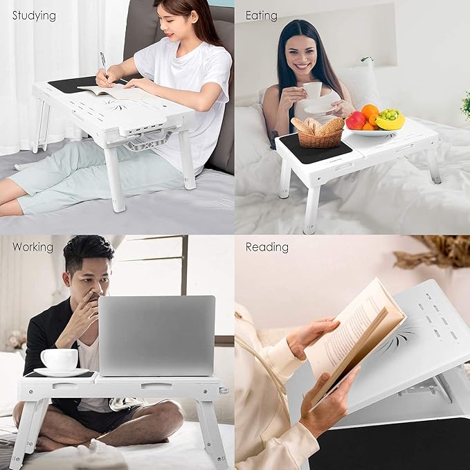 iMountek Laptop Table Bed Notebook Desk-Multi-Functional Laptop Bed Table Tray with Internal Cooling Fan, Laptop Desks with LED Light, 4 USB Ports, Storage, Mouse Pad (white)