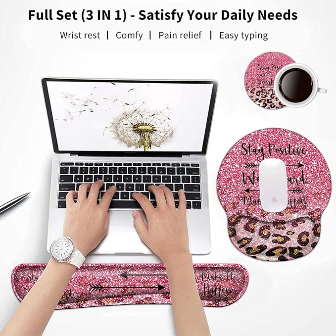 Keyboard Wrist Rest and Mouse Pad with Wrist Support, Ergonomic Gel Mouse Pad Coaster,Easy Typing Pain Relief, Memory Foam Keyboard Mousepad Set,Pink Faux Glitter Leopard