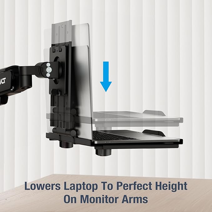 AVLT Adjustable Laptop Tray with Support for 120mm Fan Compatible with VESA 75x75 Monitor Arm - Fits Up to 17Inch Laptops - Weighs 4.41lbs, Black (Fan Not Included)