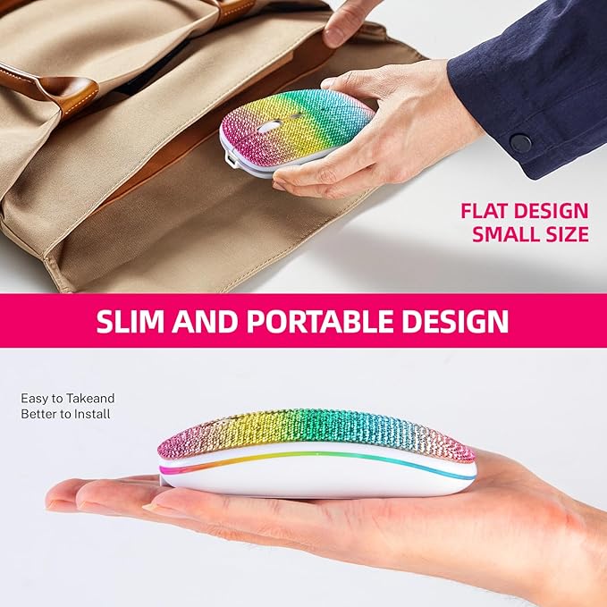 Bluetooth Mouse,Bling Dazzling 2.4GHz Rechargeable Wireless Mouse Slim with USB Receiver, Compatible with Notebook, PC, Laptop, Computer, MacBook,Great Gift idea for Her (Rainbow)