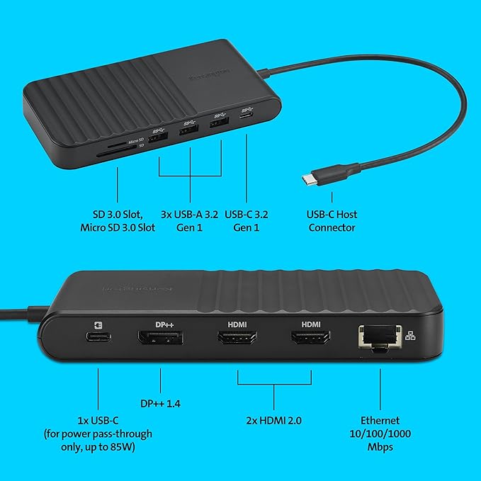 Kensington UH1510P 11-in-1 USB-C Triple Video Hub, Triple 4K at 60Hz, 85W PD, Compatible with MacBook M1/M2/M3/M4, Dell, HP, and Lenovo Laptops (K34040WW) Black