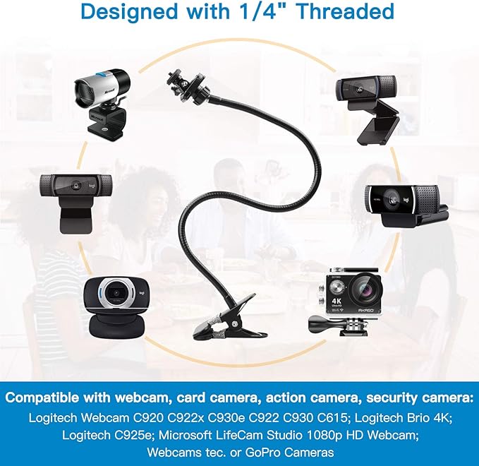 Pipishell 25 Inch Webcam Stand, Flexible Desk Mount Clamp Gooseneck Stand for Logitech Webcam C960 C930e C930 C920 C920S C922x C922 Brio 4K C925e C615 and Other Devices with 1/4" Thread-PIWS01