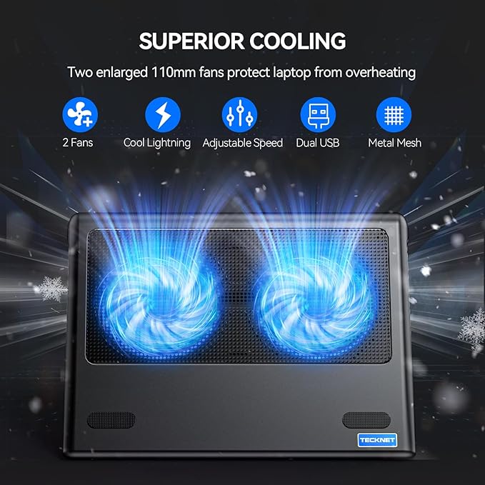 TECKNET Laptop Cooling Pad - 12"-15.6" Laptops Cooler, Powerful Cooler and Ultra Quiet for Gaming Laptops Pad, 2 Wind Speed Adjustable, USB A & C Powered Cooler Stand with Laptop Fan LED (Blue)