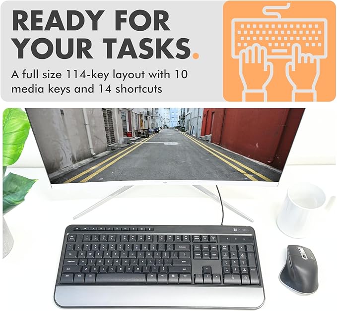 X9 Wired Keyboard - Comfortable Typing - Ergonomic Full Size USB Keyboard with Wrist Rest, Number Pad, Multimedia and 114 Keys - External Computer Keyboard for Laptop, Desktop and Office PC