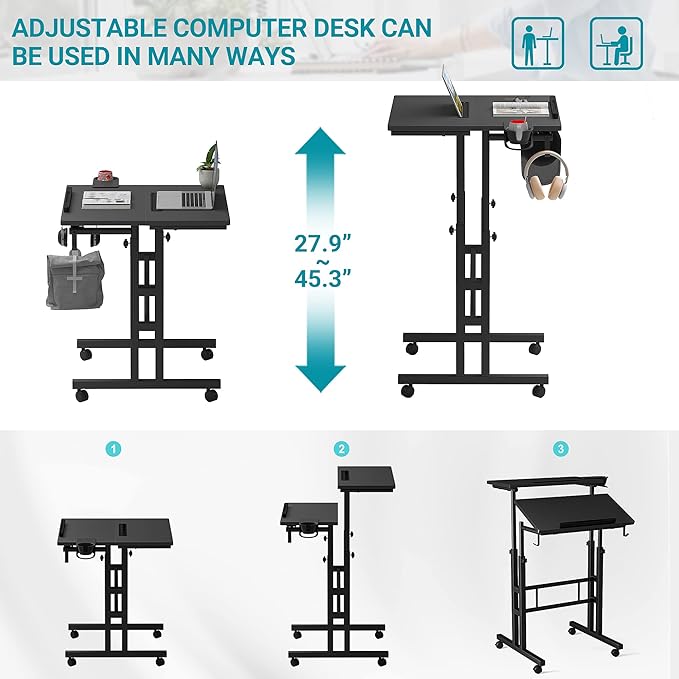 Klvied Adjustable Height Standing Desk with Cup Holder, Portable and Easy to Move, Ideal for Home or Office, Black